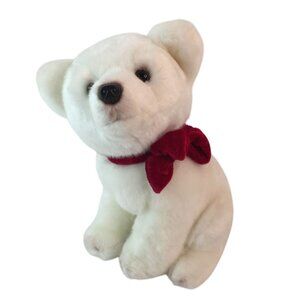 Vintage Russ Berrie White Polar Bear Plush 9" Red Bow Stuffed Animal Toy #33134